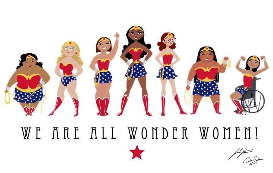 Women of various size, shape, color and physical ability dressed as Wonder Woman